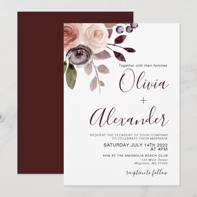 Elegante invitación de boda floral de otoño con ac (Anverso / Reverso)