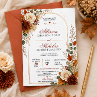 Elegante Invitación de Boda Floral de Otoño con Ar