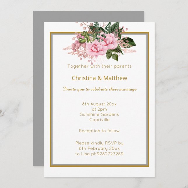 ELEGANTE INVITACIÓN DE BODA FLORAL DE PLATA DE ORO (Anverso / Reverso)