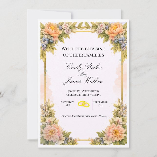 Elegante invitación de boda floral editable  (Anverso)