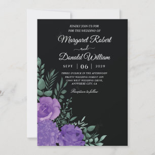 Elegante invitación de boda floral en negro y viol