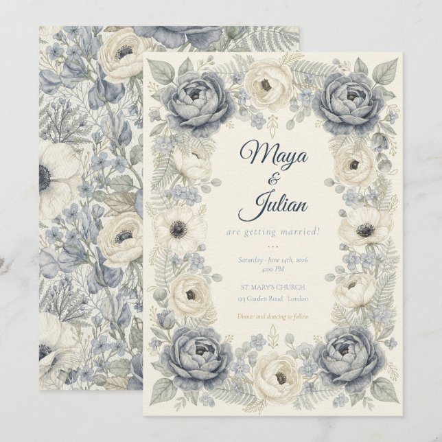 Elegante Invitación de Boda Floral Francesa con Pe (Anverso / Reverso)
