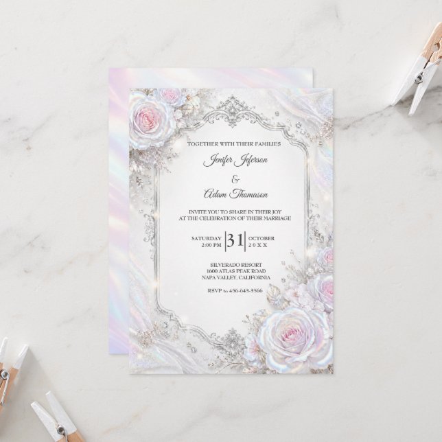 Elegante Invitación de Boda Floral Iridescente (Anverso/Reverso In Situ)