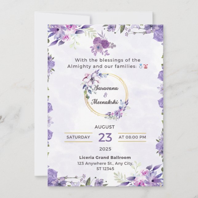 Elegante Invitación de Boda Floral Lavanda (Anverso)