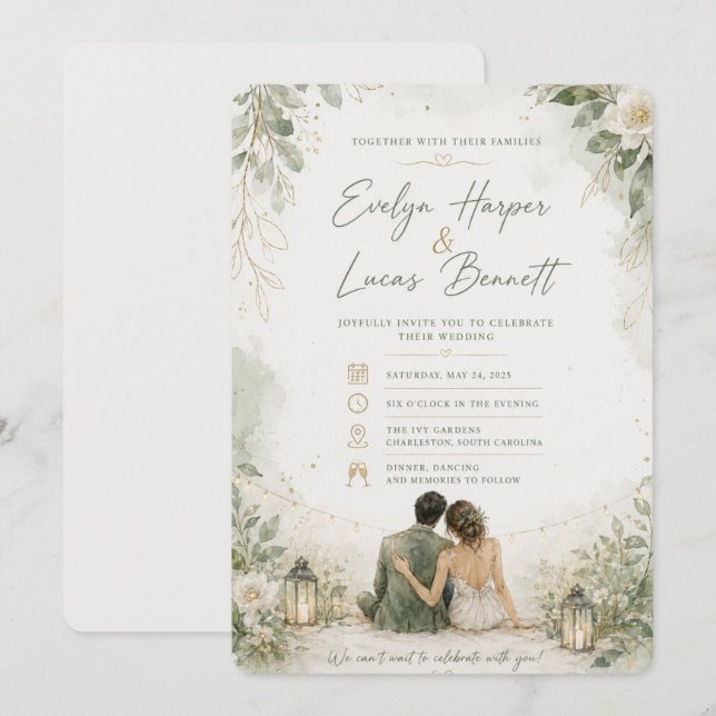 Elegante invitación de boda floral naranja (Anverso / Reverso)