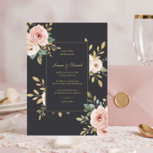 Elegante Invitación de Boda Floral Negra y Dorada