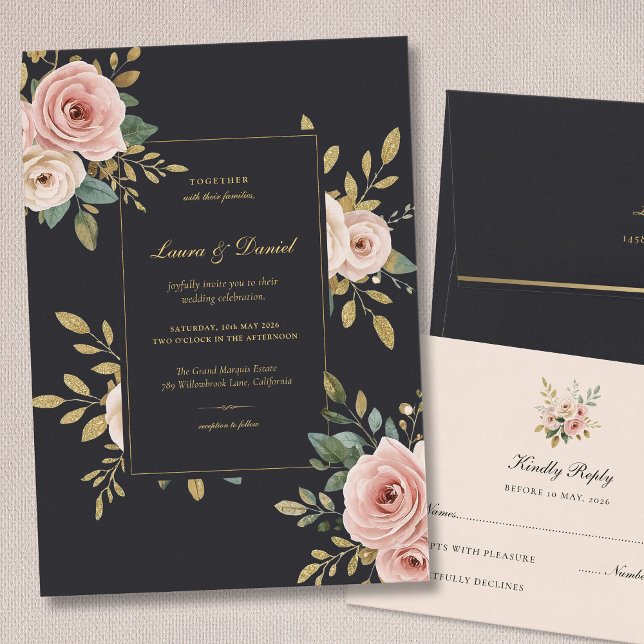 Elegante Invitación de Boda Floral Negra y Dorada (Subido por el creador)