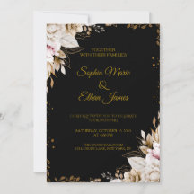 Elegante Invitación de Boda Floral Negra y Dorada