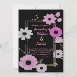 Elegante invitación de boda floral negra y rosa