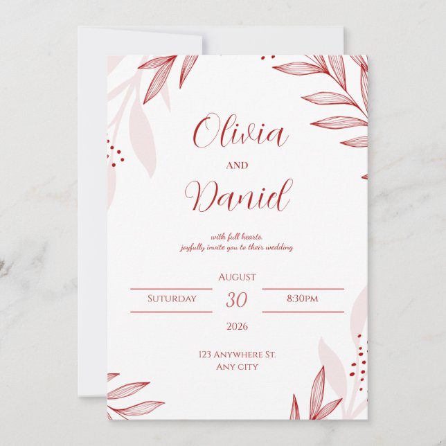 Elegante Invitación de Boda Floral Roja (Anverso)