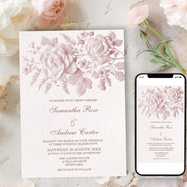 Elegante Invitación de Boda Floral Rosa Falso Rele (Subido por el creador)