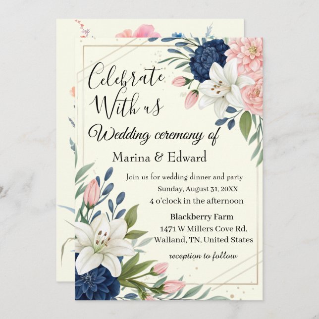 Elegante Invitación de Boda Floral Rosa y Azul Mar (Anverso / Reverso)