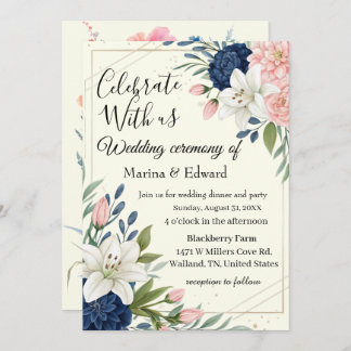 Elegante Invitación de Boda Floral Rosa y Azul Mar
