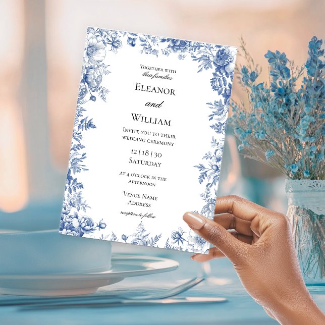Elegante Invitación de Boda Floral Toile Azul (Subido por el creador)
