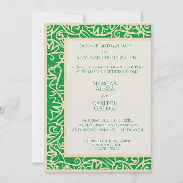 Elegante invitación de boda floral verde primavera (Anverso)
