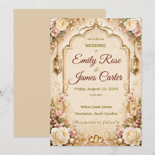 Elegante Invitación de Boda Floral Vintage y Dorad
