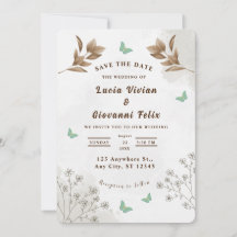 Elegante invitación de boda floral y mariposa