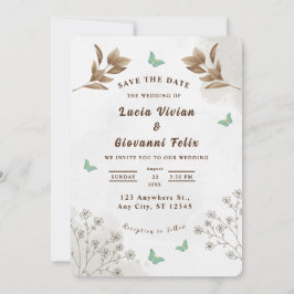 Elegante invitación de boda floral y mariposa