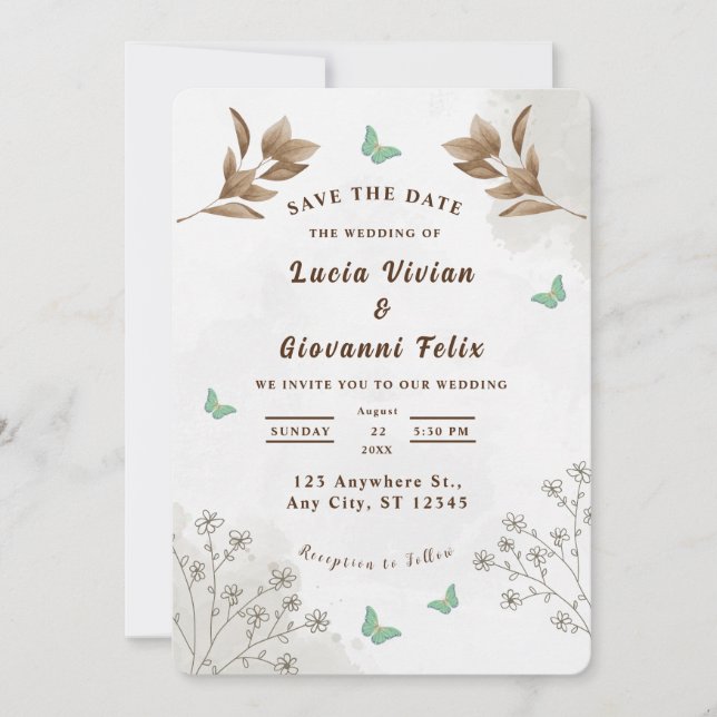 Elegante invitación de boda floral y mariposa (Anverso)