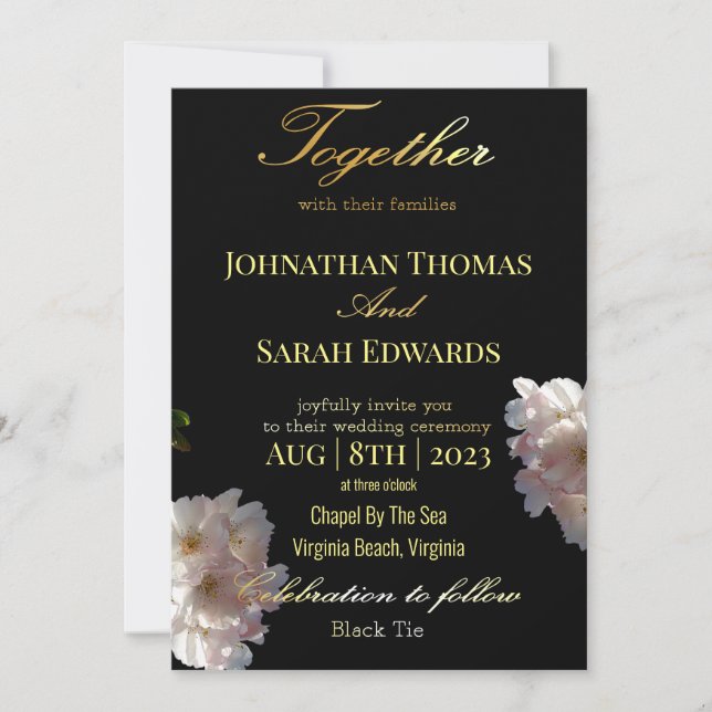 Elegante Invitación De Boda Formal En Negro Y Oro (Anverso)