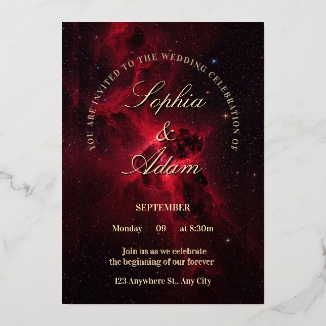 Elegante Invitación de Boda Galaxia Roja (Anverso)