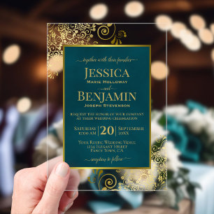 Elegante Invitación de Boda Glam con Teal Oscuro y