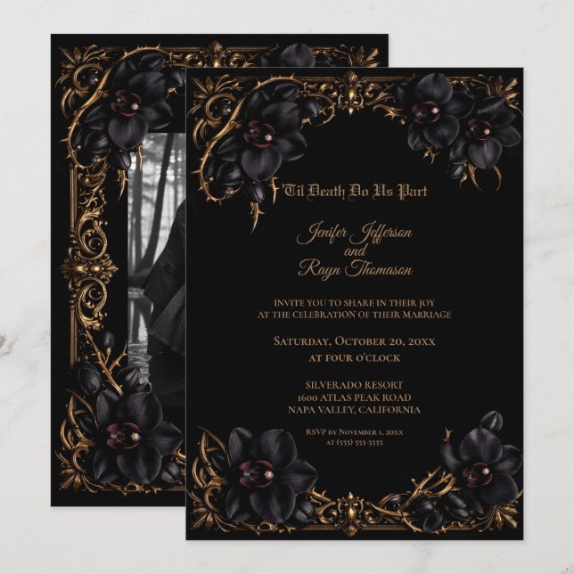 Elegante invitación de boda gótica de orquídea neg (Anverso / Reverso)