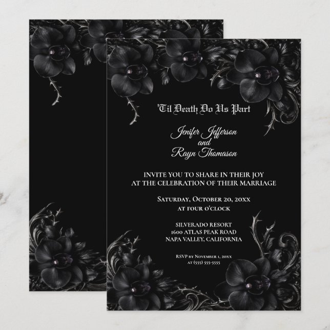 Elegante invitación de boda gótica de orquídea neg (Anverso / Reverso)