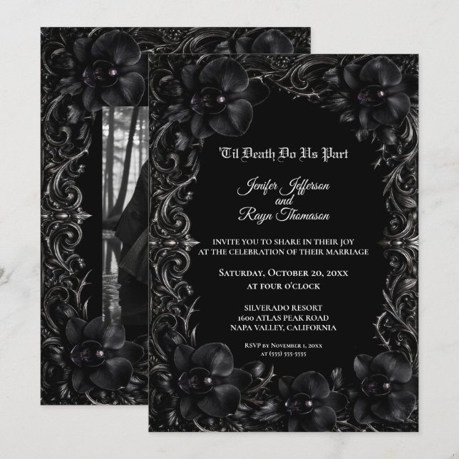 Elegante invitación de boda gótica de orquídea neg (Anverso / Reverso)