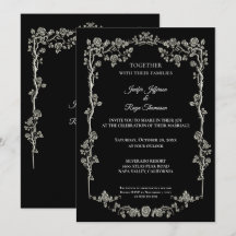 Elegante invitación de boda gótica en blanco y neg