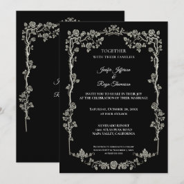 Elegante invitación de boda gótica en blanco y neg