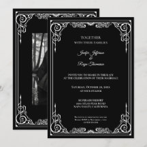 Elegante invitación de boda gótica en blanco y neg