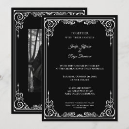 Elegante invitación de boda gótica en blanco y neg