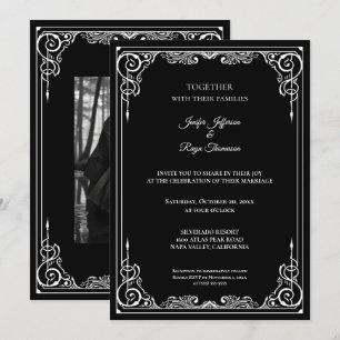 Elegante invitación de boda gótica en blanco y neg