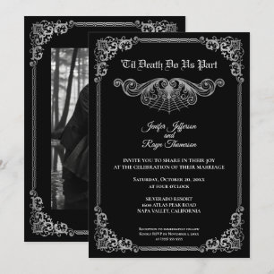 Elegante invitación de boda gótica en blanco y neg
