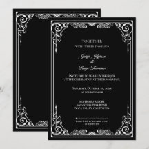 Elegante invitación de boda gótica en blanco y neg