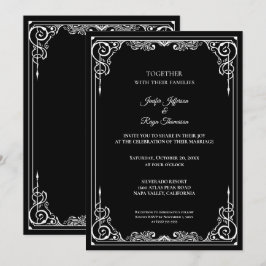 Elegante invitación de boda gótica en blanco y neg
