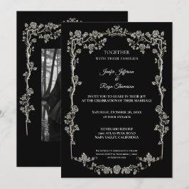 Elegante invitación de boda gótica en blanco y neg