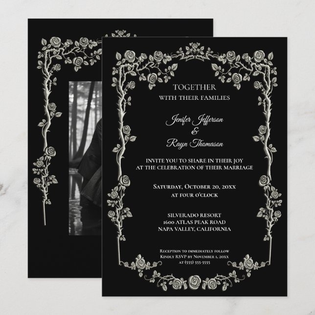 Elegante invitación de boda gótica en blanco y neg (Anverso / Reverso)