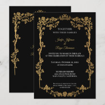 Elegante invitación de boda gótica negra y dorada
