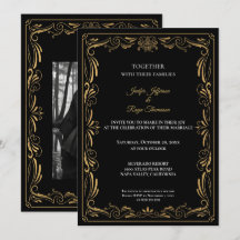 Elegante invitación de boda gótica negra y dorada