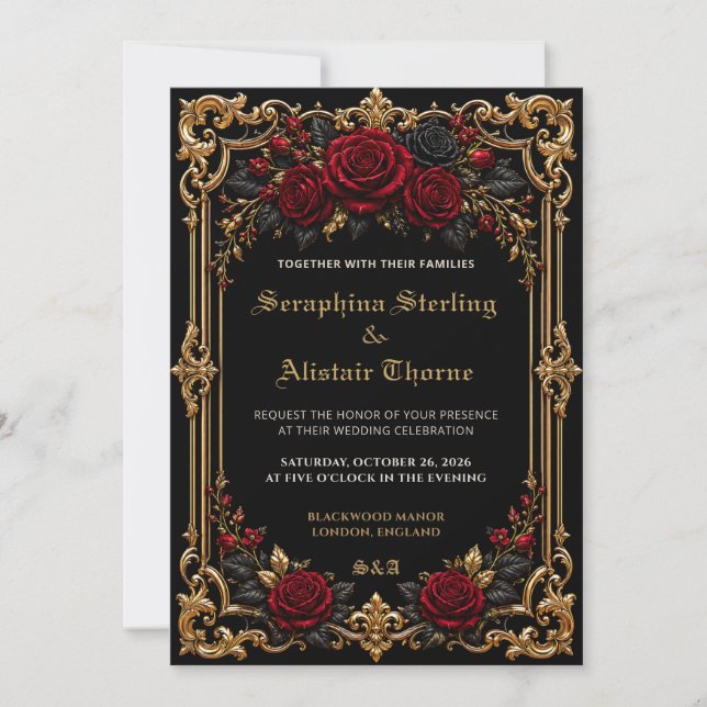 Elegante Invitación de Boda Gótica Oscura (Anverso)