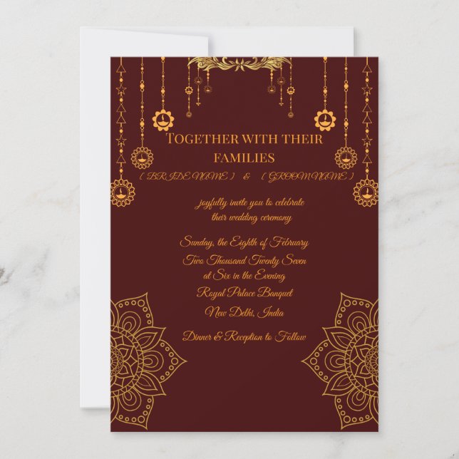 Elegante Invitación de Boda Granate y Dorado (Anverso)
