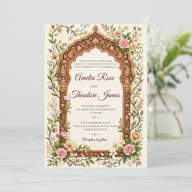 Elegante invitación de boda india (Anverso de pie)