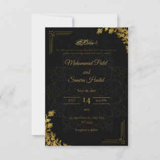 Elegante Invitación de Boda Islámica Negra y Dorad