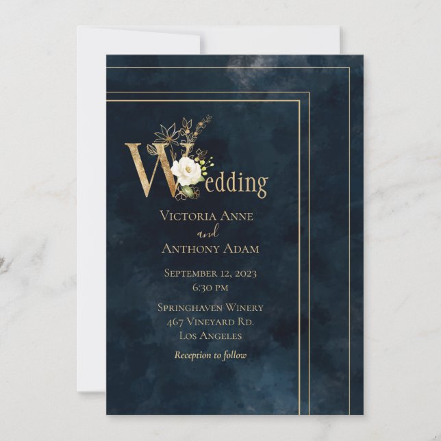 Elegante Invitación de Boda Moderna de Oro Azul (Anverso)