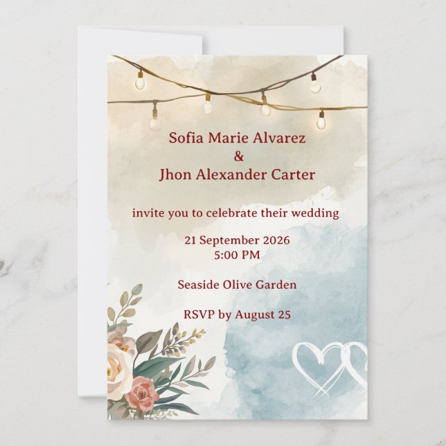 Elegante Invitación de Boda Moderna de Playa Suave (Anverso)