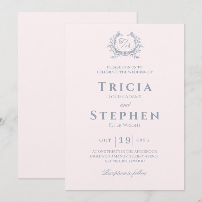 Elegante invitación de boda monocasco rosa (Anverso / Reverso)