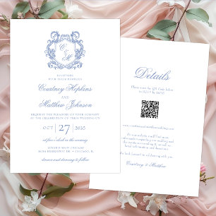 Elegante Invitación de Boda Monograma Cresta Azul