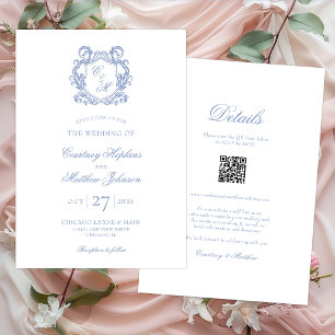 Elegante Invitación de Boda Monograma Cresta Azul
